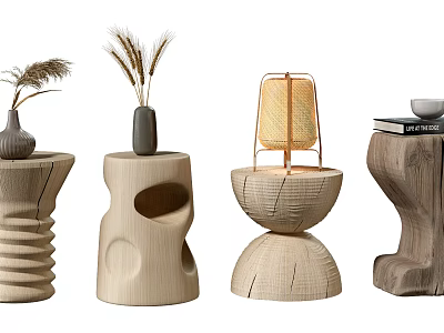 Wooden Side Tables With Various Unique Designs Featuring Vases Lamp Books And Plants 3d model
