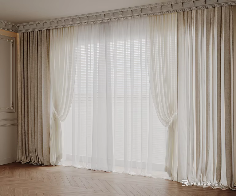 Elegant Beige Pleated Curtains With White Sheer Panels For Indoor Window Decor 3d model 