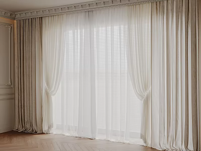 Elegant Beige Pleated Curtains With White Sheer Panels For Indoor Window Decor 3d model