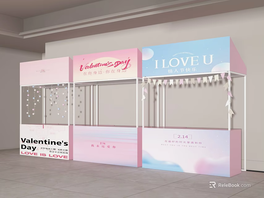 Romantic Valentine's Day Booth Design With Pink Blue Decor Stars And Tassels 3d model 