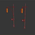 Urban Street Traffic Light Poles With Yellow Signals And Pedestrian Devices