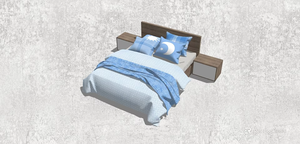 Double Bed with Blue Quilt Moon Patterned Pillows Wooden Headboard and Nightstands 3d model