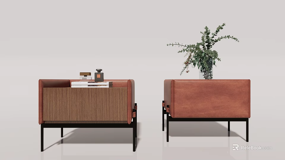 Modern Bedside Tables With Brown Leather Wooden Panels Books Decorative Items And Green Plant 3d model 
