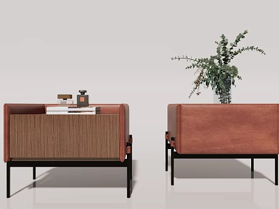 Modern Bedside Tables With Brown Leather Wooden Panels Books Decorative Items And Green Plant 3d model