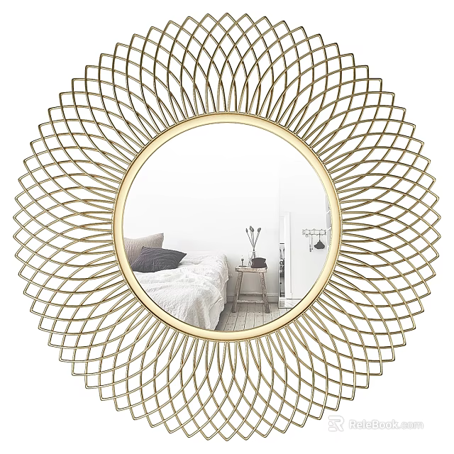 Round Gold Radiant Openwork Design Mirror Reflecting Bedroom Bed Nightstand And Decor 3d model 