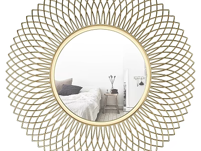 Round Gold Radiant Openwork Design Mirror Reflecting Bedroom Bed Nightstand And Decor 3d model