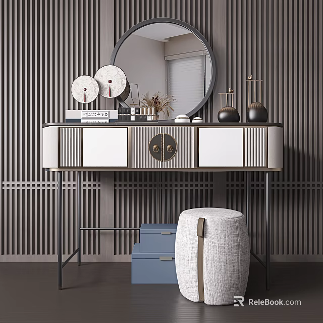 Modern Dressing Table With Round Mirror Drawers Cabinets And Decorative Items 3d model
