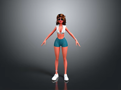 3D Model Woman In White Tank Top Blue Shorts And White Sneakers With Arms Outstretched 3d model