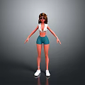 3D Model Woman In White Tank Top Blue Shorts And White Sneakers With Arms Outstretched