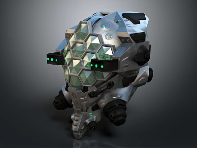 Futuristic 3D Mechanical Model With Hexagonal Design Green Lights And Metallic Support Base 3d model