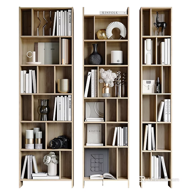 Wooden Bookcase With Multiple Shelves Holding Books And Decorative Items Like Vases 3d model 