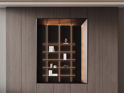 Modern Bookshelf In Dark Wood Wall Featuring Layered Shelves With Books Decorations And Elegant Lighting 3d model