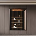 Modern Bookshelf In Dark Wood Wall Featuring Layered Shelves With Books Decorations And Elegant Lighting