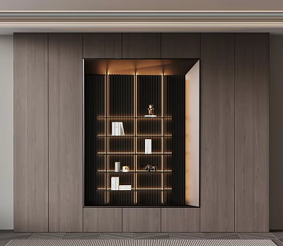 Modern Bookshelf In Dark Wood Wall Featuring Layered Shelves With Books Decorations And Elegant Lighting 3d model
