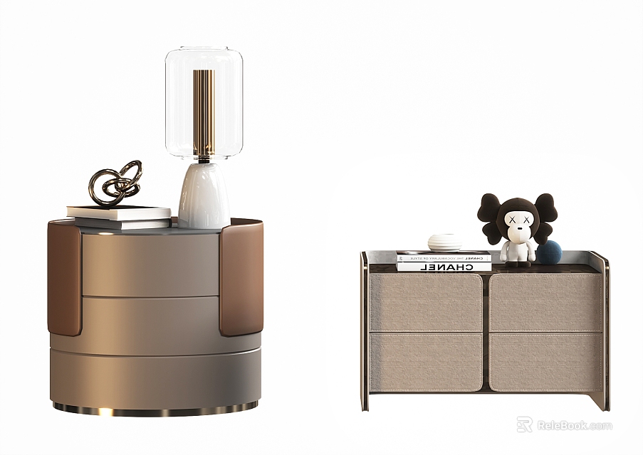 Modern Bedside Tables With Round And Rectangular Designs Lamp Plush Toy And Decorative Items 3d model 
