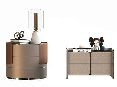 Modern Bedside Tables With Round And Rectangular Designs Lamp Plush Toy And Decorative Items 3d model