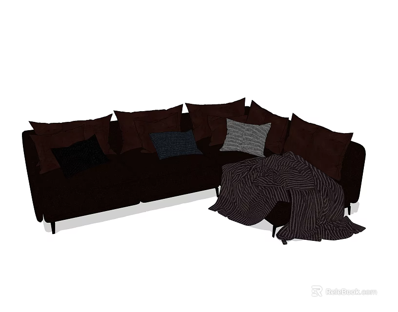 Dark Colored Sectional Sofa With Multiple Cushions And Striped Blanket 3d model