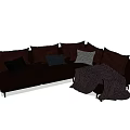 Dark Colored Sectional Sofa With Multiple Cushions And Striped Blanket 3d model