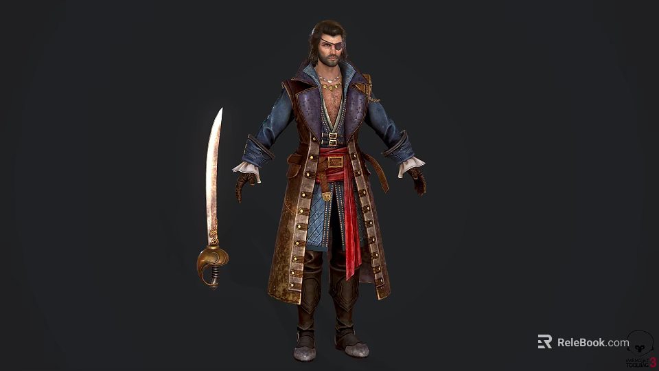 Detailed Male Pirate Style Game Movie Character With Long Coat Red Scarf And Cutlass 3d model 