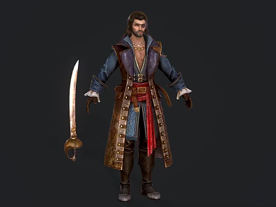 Detailed Male Pirate Style Game Movie Character With Long Coat Red Scarf And Cutlass 3d model