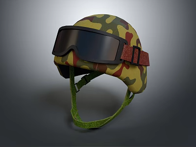 Camouflage Tactical Helmet With Black Goggles And Red Strap Design 3d model