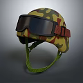 Camouflage Tactical Helmet With Black Goggles And Red Strap Design