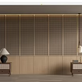 Modern Bed Background Wall With Vertical Brown Stripes Wooden Nightstands And Table Lamps