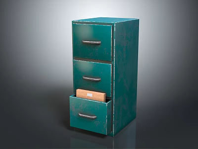 Green Bookcase With Three Drawers And Open Drawer Showing Storage Box Inside 3d model