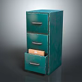 Green Bookcase With Three Drawers And Open Drawer Showing Storage Box Inside
