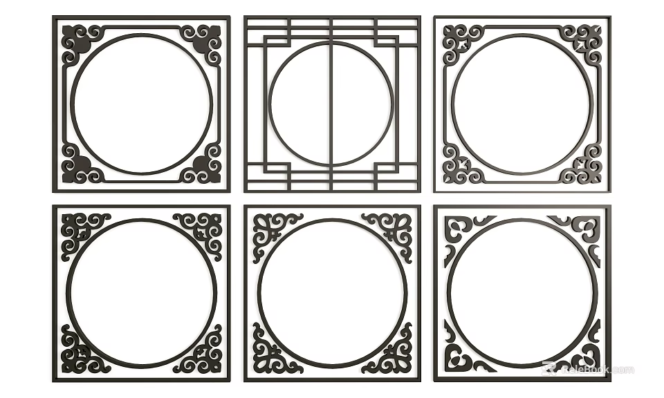 Set Of Traditional Decorative Carvings With Square Frames And Circular Patterns 3d model