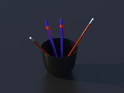 Purple Pens and Red Pencils in Black Cup with White Tips on Dark Desk 3d model
