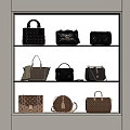 Fashionable Various Styles Bags In Black And Brown Displayed On Three Shelves