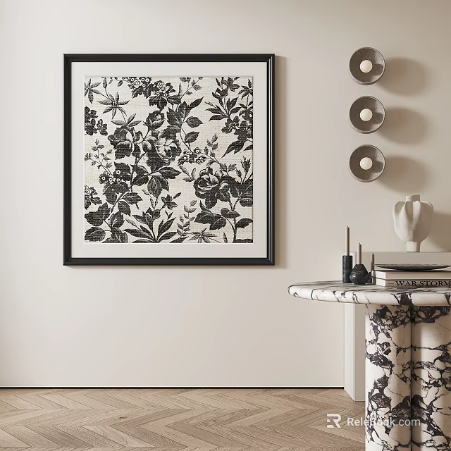 Black And White Botanical Oil Painting In Minimalist Room With Console Table And Sconces 3d model 