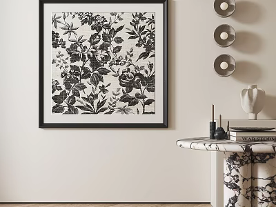 Black And White Botanical Oil Painting In Minimalist Room With Console Table And Sconces 3d model