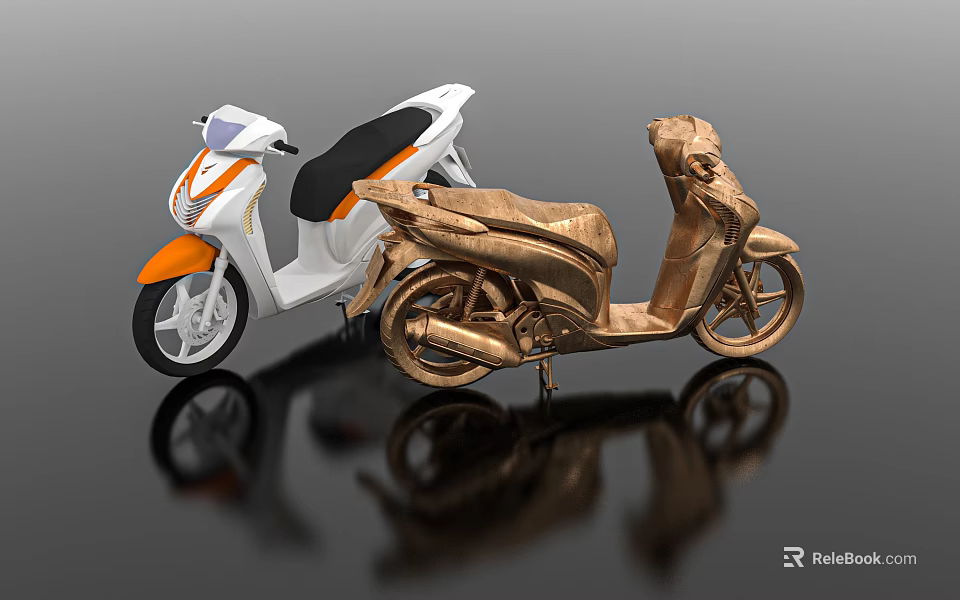 White Orange And Golden Scooter Models Display With Reflective Black Background 3d model 