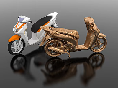 White Orange And Golden Scooter Models Display With Reflective Black Background 3d model