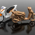 White Orange And Golden Scooter Models Display With Reflective Black Background