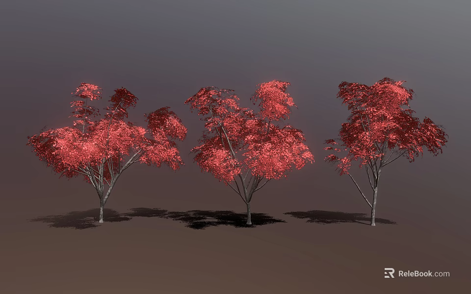 Three Red Leaf Trees Standing On Brown Ground With Gray Background 3d model