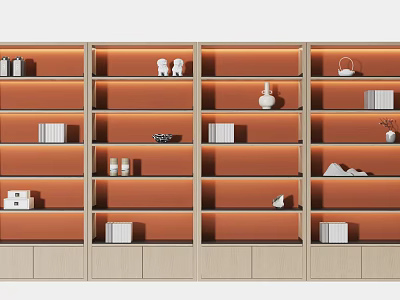 Modern Decorative Cabinet With Orange Shelves Light Wood Frame And Display Items 3d model