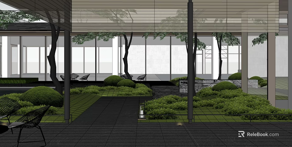 Modern Outdoor Courtyard With Lush Greenery Trees Stone Path And Seating 3d model 