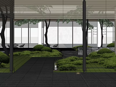 Modern Outdoor Courtyard With Lush Greenery Trees Stone Path And Seating 3d model