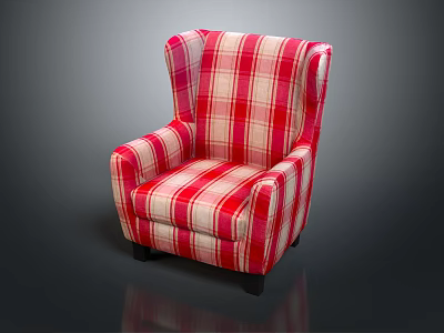 Classic Wingback Single Sofa With Red And White Plaid Fabric Upholstery 3d model