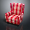 Classic Wingback Single Sofa With Red And White Plaid Fabric Upholstery