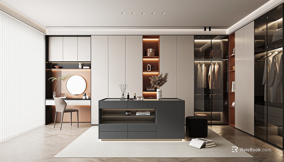 Modern Walk In Closet Interior With White Cabinetry Glass Door Wardrobe Dressing Table And Mirror 3d model 