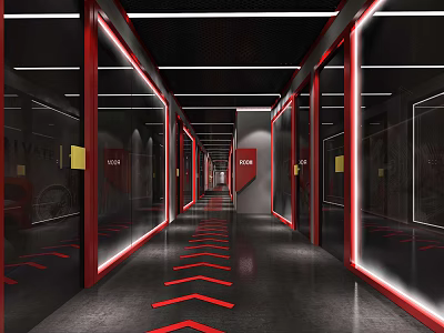 Elevator Hallway With Red Framed Glass Doors Red Arrow Markings And Modern Lighting Design 3d model