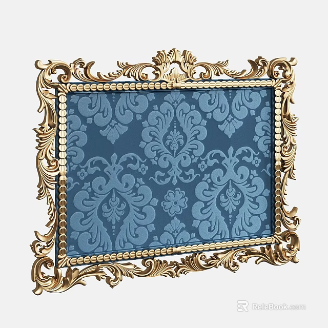 Ornate Golden Picture Frame With Intricate Blue Floral Pattern Background 3d model 