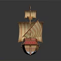 Ancient Wooden Sailing Ship As Water Transport With Multiple Sails And Decorative Flags