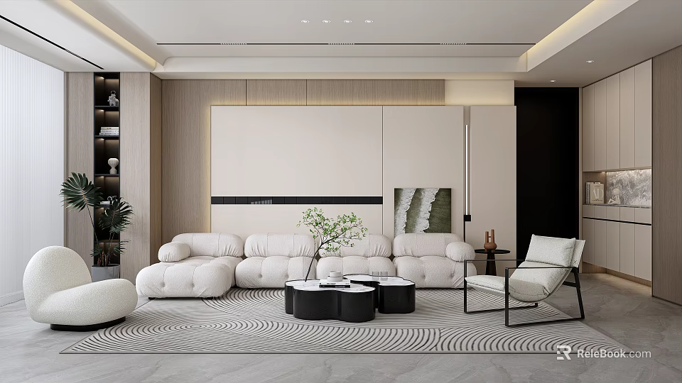 Modern Living Room Interior Design With White Sofa Striped Rug And Decorative Wall Art 3d model 