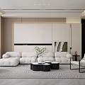 Modern Living Room Interior Design With White Sofa Striped Rug And Decorative Wall Art