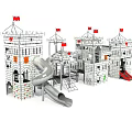 Castle Themed Playground With Multiple Slides Tall Towers And Red Flags 3d model